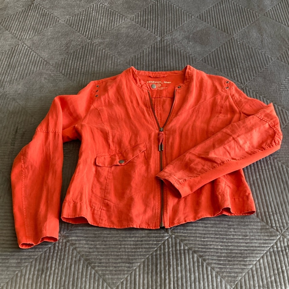 Sandwich_ linen Women's Orange Linen Full Zip Biker Jacket EU Size 42 EUC